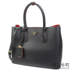 PRADA Double Bag Saffiano Leather Triangle Logo Black Red Shoulder Shopping Tote